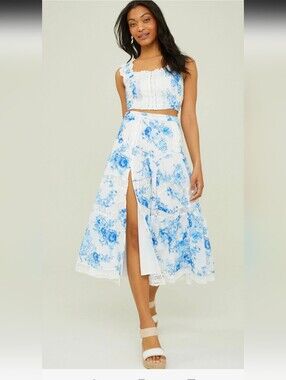 Altar'd State White Maxi Skirt with Blue Floral Print & Lace Trim